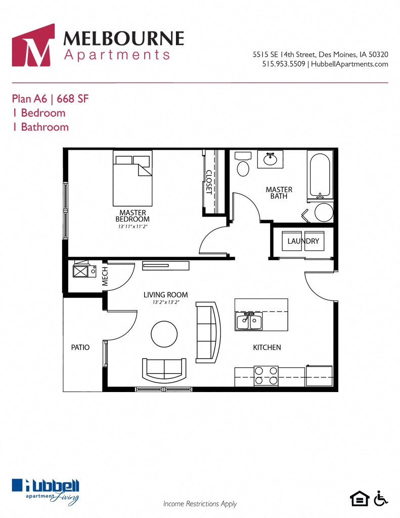 Floor plan for 1 bed, 1 bath, 668 sqft